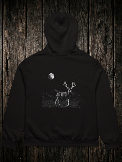 Mule Deer Hoodie Black back - dark wood style