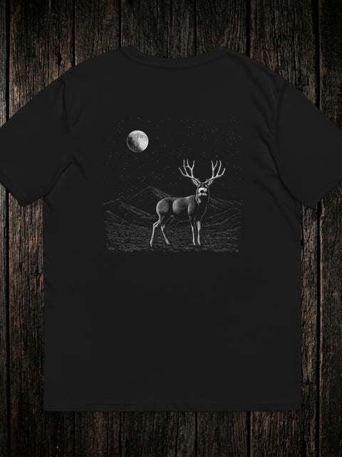 Mule Deer T-Shirt Black back - dark wood style