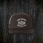 Mountains Logo Curved Brim Black front - dark wood style