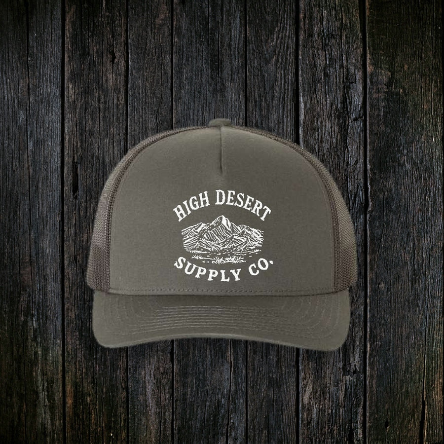 Mountains Logo Curved Brim Charcoal front - dark wood style