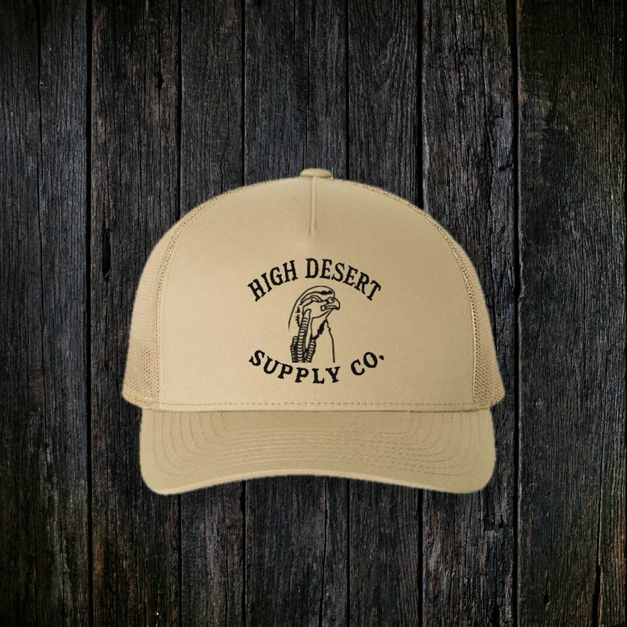 Chukar Logo Curved Brim Khaki front - dark wood style