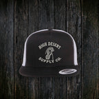 Chukar Logo Flat Brim Black/White front - real embroidered logo, dark wood style