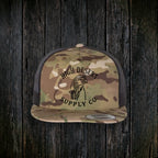 Chukar Logo Flat Brim Multicam Green/Black front - real embroidered logo, dark wood style