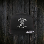 Chukar Logo Flat Brim Black front - real embroidered logo, dark wood style