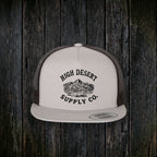 Mountains Logo Flat Brim Silver/Black front - dark wood style, logo-size fix v6 (no bottom-text ghosting)