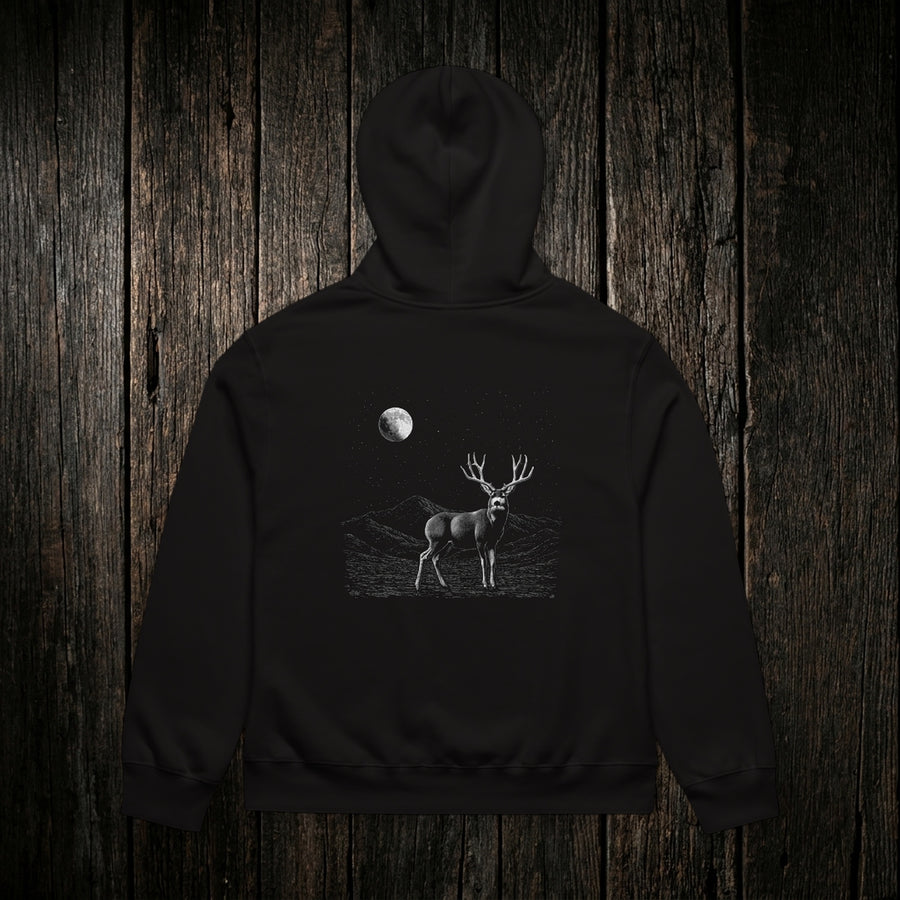 Mule Deer Hoodie Black back - dark wood style