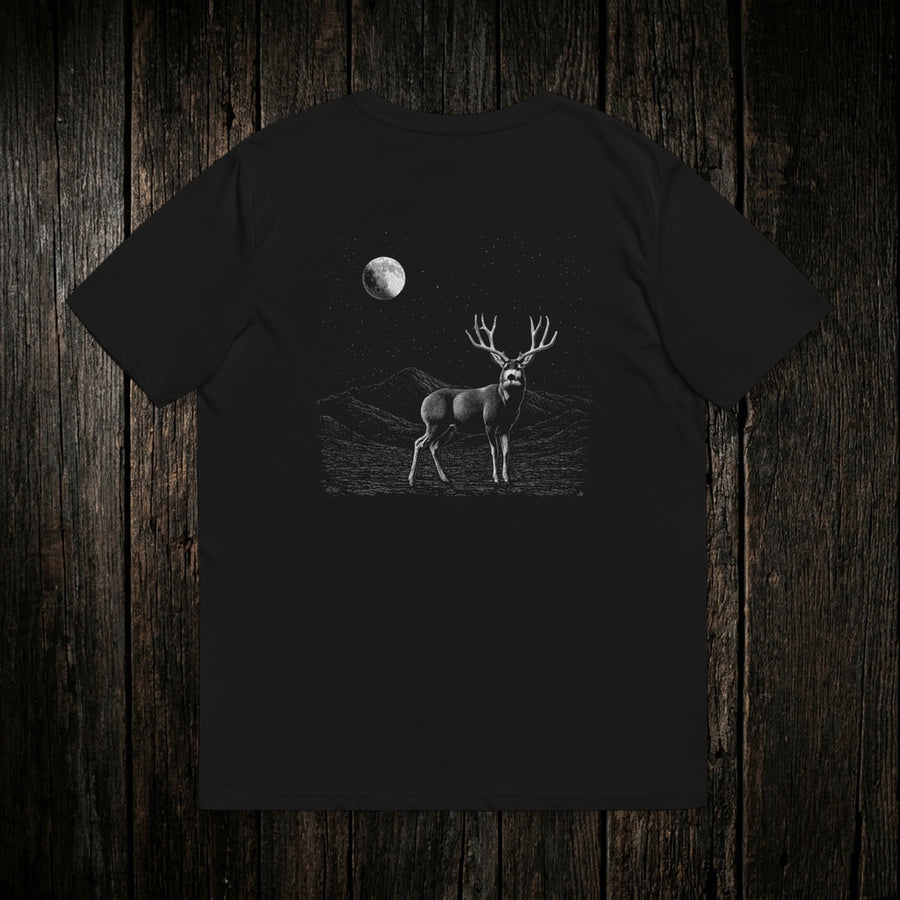 Mule Deer T-Shirt Black back - dark wood style