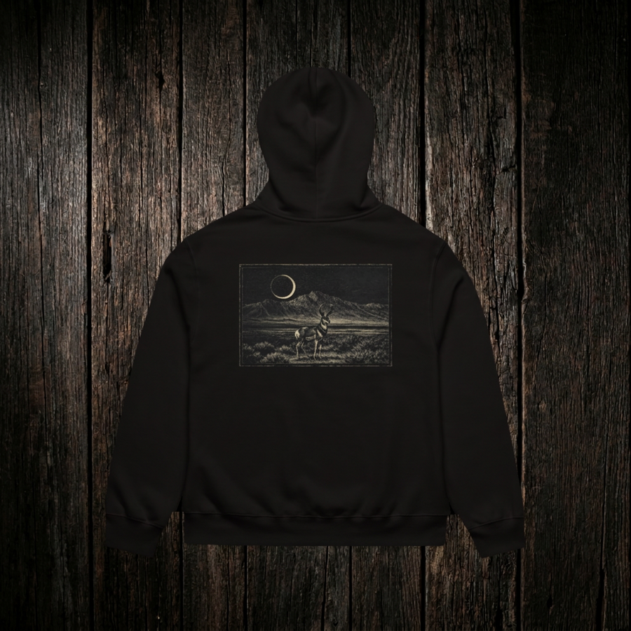 Pronghorn Hoodie back - dark wood style